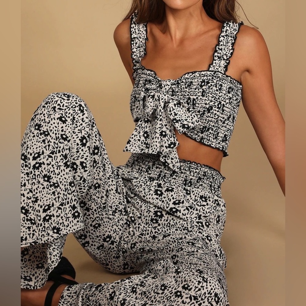 Beneath the Sun Floral Black Printed Two-Piece Wide Leg Jumpsuit from Lulu’s